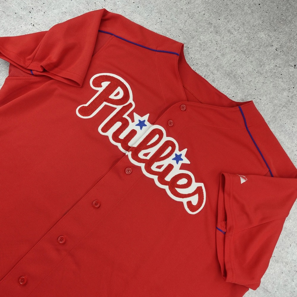 Y2K Majestic Philadelphia Phillies Jersey Mens 52 Red MLB Authentic Button Up